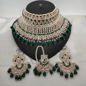 Green Indian Bridal Jewelry Choker Necklace Set with Matching Earrings and Maang Tikka Adorned with White AD Stones and Pearls for Traditional Elegance