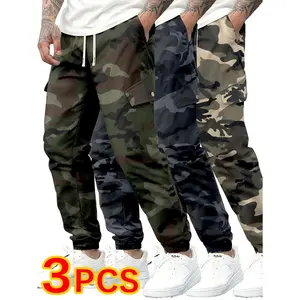 3 Pack Men's Camo Cargo Joggers | Drawstring Utility Camouflage Pants / Men's Multi-Pocket Camo Joggers 3 Pack, Perfect for Outdoor & Daily Wear