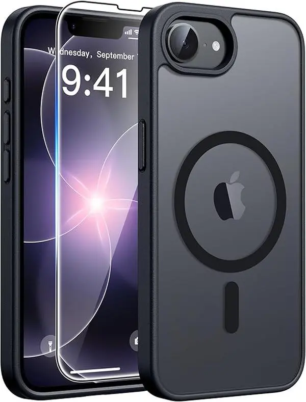 For iPhone 17e Case: iPhone 16e Phone Case [Compatible with Magsafe] Translucent Matte Case with [Screen Protector] Military Grade Shockproof Protective Phone Cover-Black
