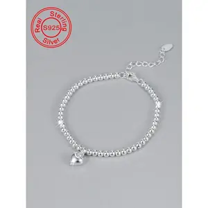 S925 Sterling Silver Simple Beaded Bracelet, Fashionable Heart Charm Decor Bracelet for Women & Girls, Trendy All-match & Exquisite Jewelry for Birthday Gift