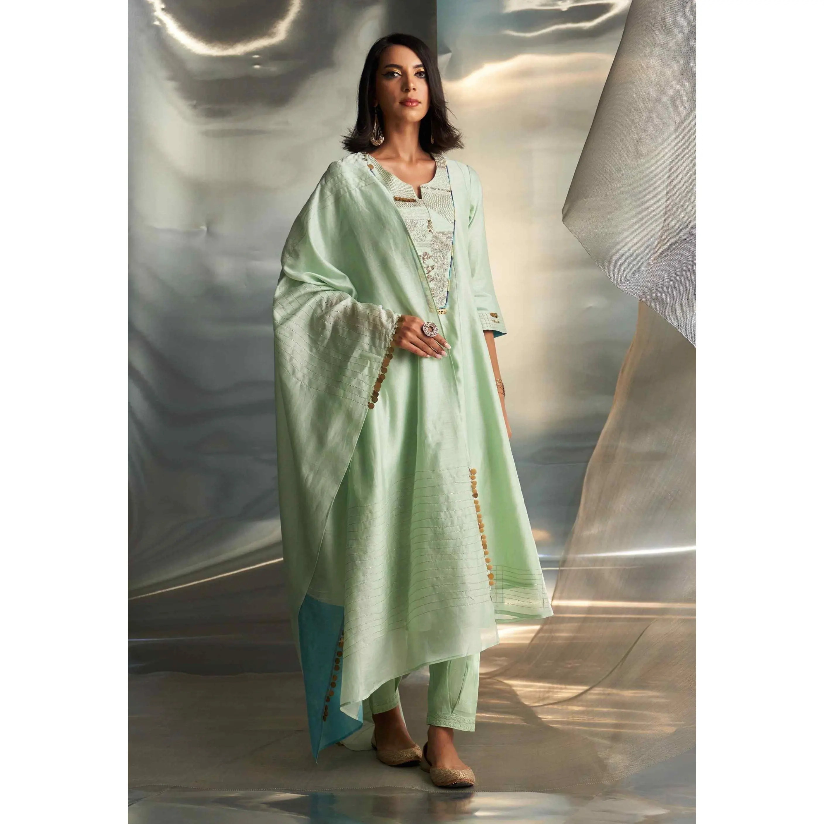 Mint green chanderi flared kurta set