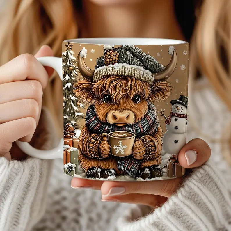 Cute Christmas Highland Cow Mug, 11oz & 15oz Mug, Snowman Mug Cute Christmas Highland Cow Mug, 11oz & 15oz Mug, Snowman Mug