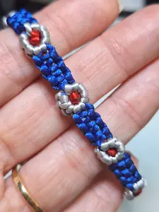 Patriotic Macramé Flower Bracelet - Red Silver Blue