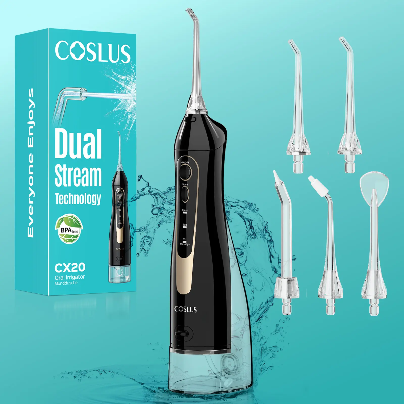 COSLUS CX20 All-New Upgraded Cordless Water Flosser - 300ML Portable Oral Irrigator with 5 Jet Tips, Multi-Modes, Rechargeable IPX7 Waterproof Teeth Cleaner, Oral Plaque Remover, Braces Care, Summer Essentials, Deals For You Days