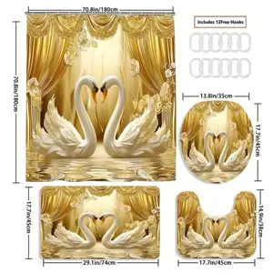 Luxurious Golden 3D Swans Print Bathroom Set – Elegant Waterproof Décor with 12 Hooks