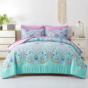 Comforter Set, 5 count Bed in a Bag, Boho Aqua and Lilac Damask Medallion Print Comforter with Sheets, Soft Microfiber Complete Bedding Set for All Season (Aqua, )