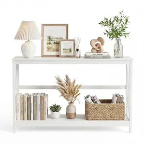 Narrow Entryway Table ,With X Brace Stability, 200 LB Capacity Waterproof Wood Top, Open Bottom Shelf For Storage Bins, Slim Console For Small Space Living And Hallway Decor