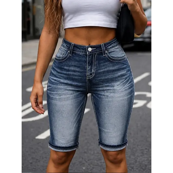 Women's Fashion Mid-Rise Gradient Wash Bermuda Denim Shorts - Contrast Stitch, Rolled Cuff, Stretch, Knee-Length, Basic, Comfortable Everyday Bottoms for Vintage Casual Wear, Fit