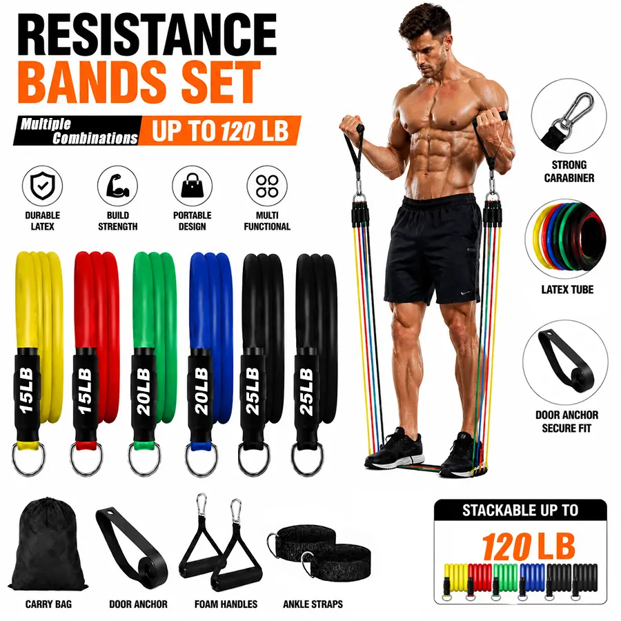 6-Piece TPE Tube Resistance Bands Set, 120 lbs TPE Tube Bands with Handles, Ankle Straps & Door Anchor, Adjustable Workout Equipment for Home Gym, Strength Training, Glute & Lower Body Exercises