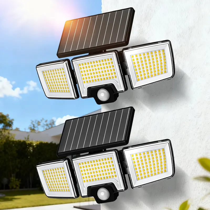 Solar Powered Motion Sensor Outdoor Light, 3-Head 216 LED Security Flood Light with Remote Control, Adjustable IP65 Waterproof Wall Lamp, Solar Exterior Lighting for Garden, Garage, Yard, Porch & Driveway