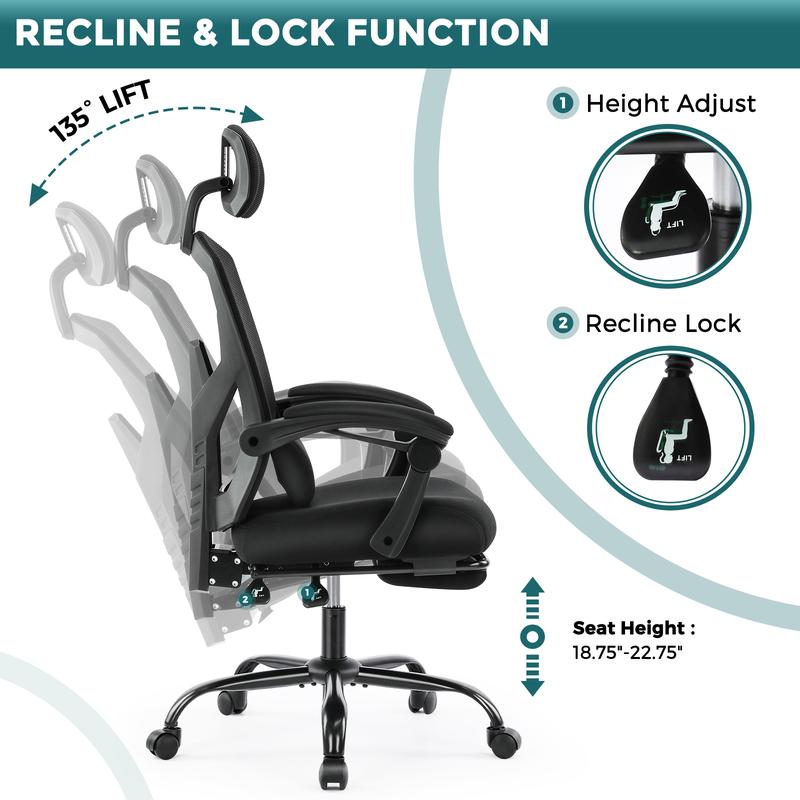 Sweet Furniture Ergonomic Office Chair with Foot Rest and Adjustable Headrest, Mesh Swivel Rolling Task Chair, Height Adjustable, Office Gifts