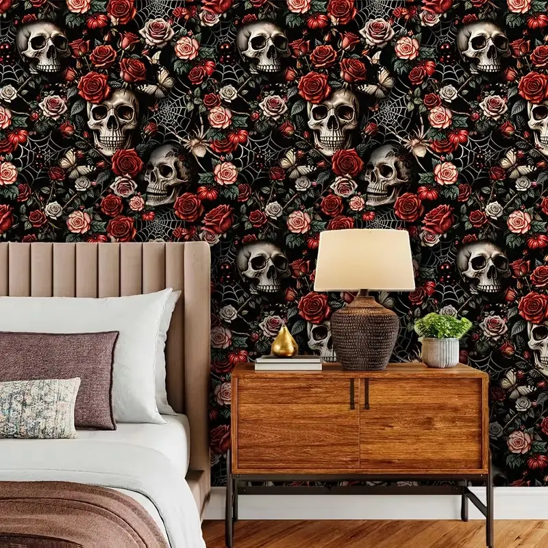 No Residue Peel & Stick Gothic Wallpaper, Skull Rose Spider Web Print, Dark Floral Spooky Decor, Removable Wallcovering, Witchy Vibes