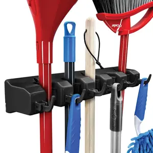 Home It Mop and Broom Holder Wall Mount, 5 Slots & 6 Hooks, 7.5lbs Capacity Per Slot, Garden Tool Organizer for Home, Kitchen, Garage