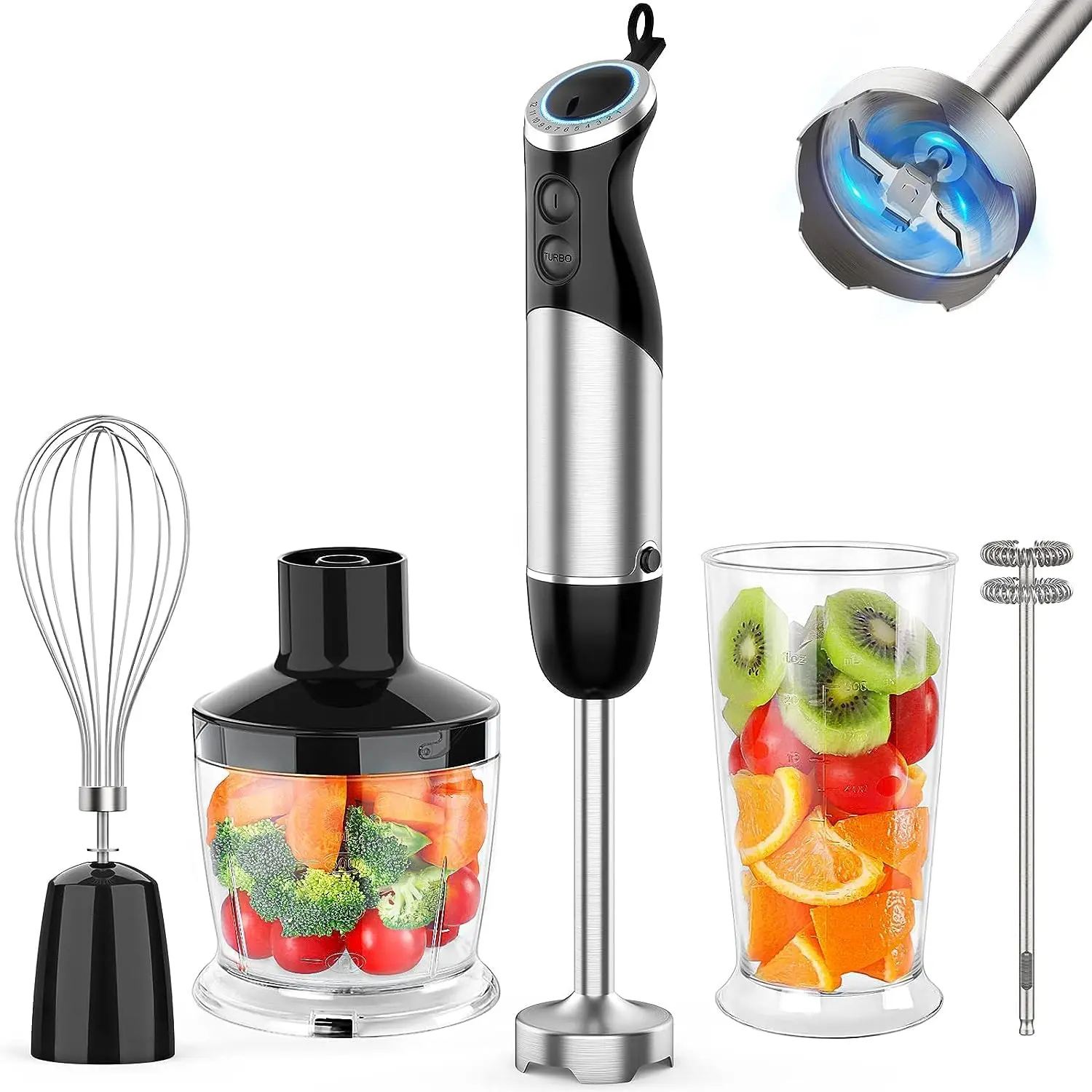Upgraded Immersion Blender Handheld, 1000W 12-Speed 5 in 1 Hand Mixer Stick Blender with 304 Stainless Steel , Processor,Beaker,Egg Whisk&Milk Frother,Non-BPA,Smoothies Puree