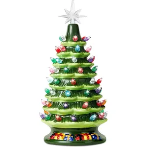 15" Tabletop Prelit Ceramic Christmas Tree with 70 Multicolor Lights, Hand-Painted Ceramic Tabletop Christmas Tree with Extra Clear Top Star for Xmas Holiday Indoor Decorations