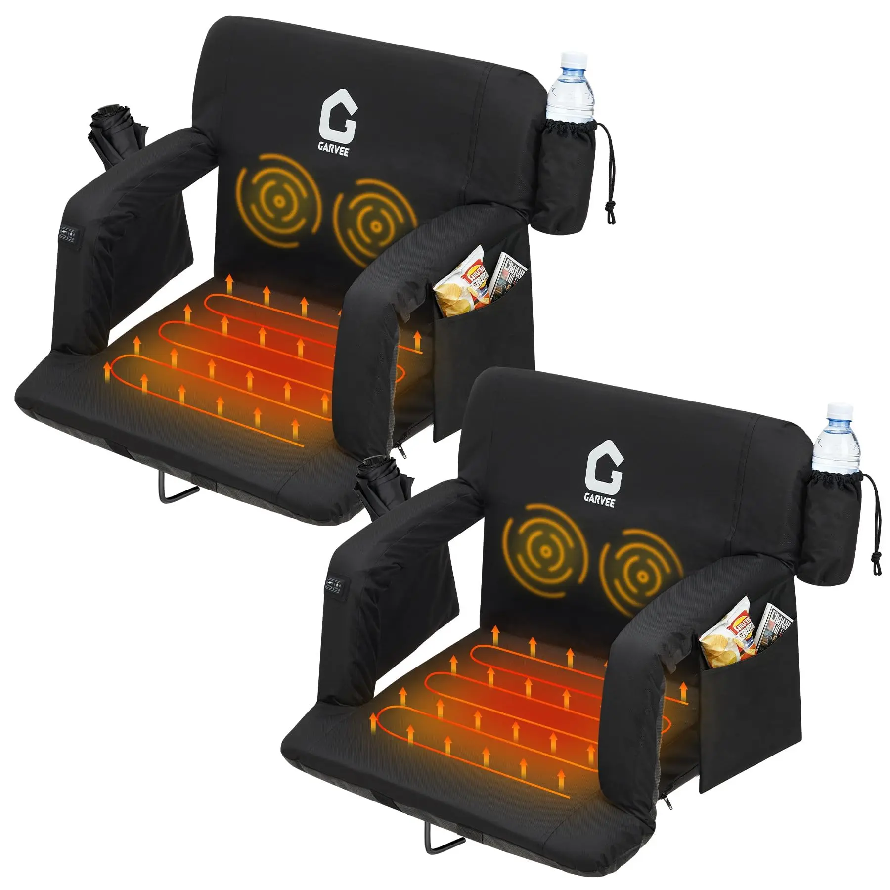 Garvee Massage & Heated Stadium Seats with Back Support and Padded Cushion – 3-Level Heating & Massage Extra Wide Bleacher Chair with Non-Slip Mat – Football Seats, 6 Adjustable Angles, Pockets