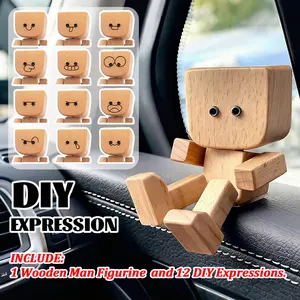 DIY Cute Wooden Leg Shaking Figure, Charming Swinging Puppet with 12 Fun Magnetic Expressions, Car Dashboard Decoration, Creative Office Desk Toy Gift, Car Desktop Decor