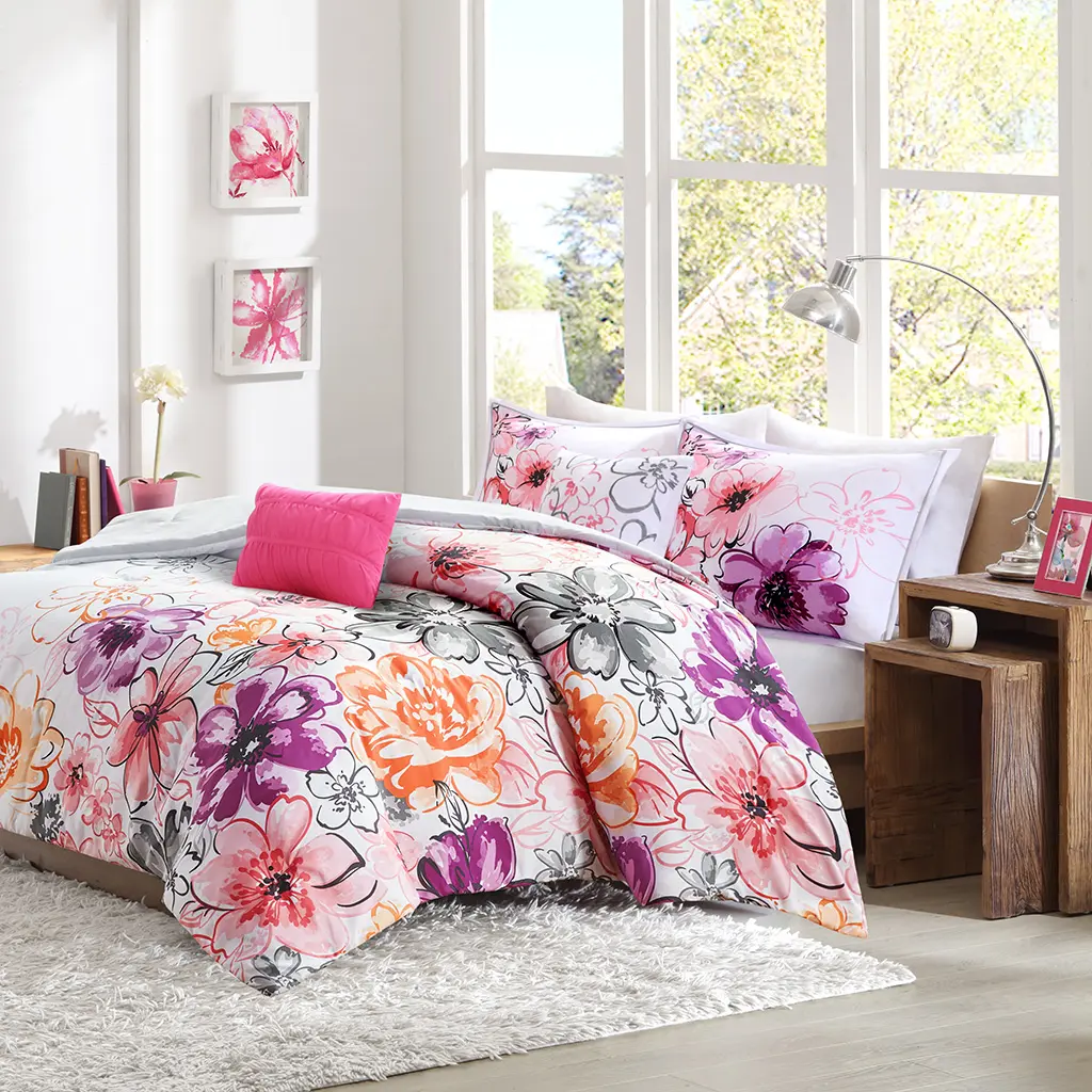 Floral Bedding Sets, Vibrant Floral Comforter Set with Matching Sham and Decorative Pillow, Olivia Teen Girls' Bedroom Bedding