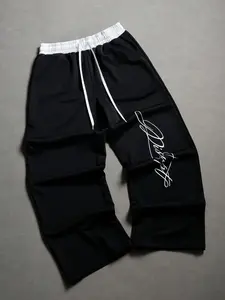 Vintage Street Style Embroidered Drawstring Sweatpants, Colorblock Wide Leg Casual Pants, Comfortable and Stylish