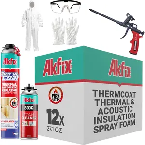 Fire Rated Spray Foam Insulation Kit 240 sq ft (12x27.1 oz.) - (R-Value 11.32 / 2 in) Closed Cell Expanding Wide Sealant Thermal Insulation for Walls and Attic - Gun & Cleaner Included