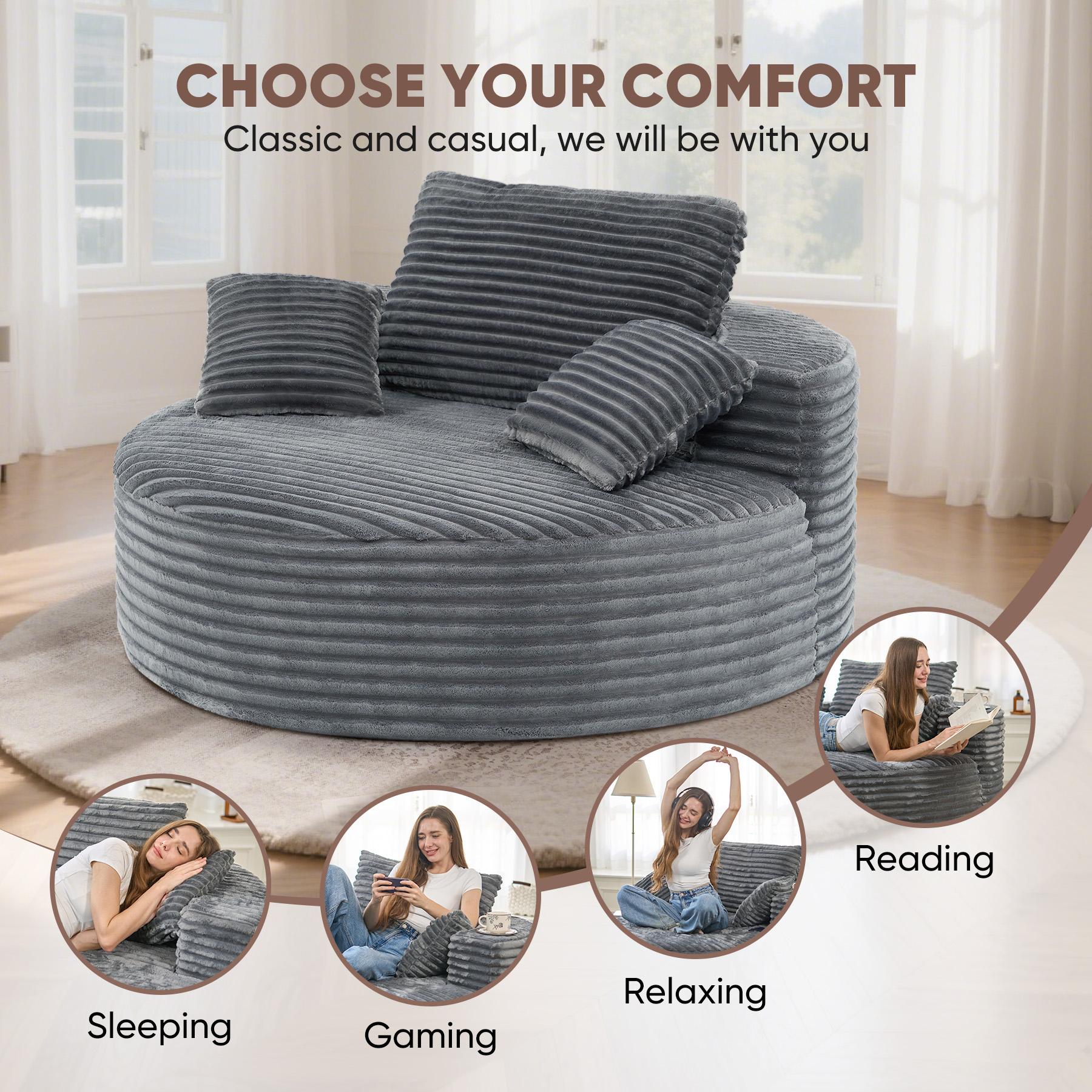 Oversized Round Sofa Bed - Fluffy Lazy Bean Bag, Modern Deep Seat Couch for Relaxation, Plush Corduroy Fabric, 3 Pillows Included, No Assembly Required Oversized Round Sofa Bed - Fluffy Lazy Bean Bag, Modern Deep Seat Couch for Relaxation, Plush Corduroy Fabric, 3 Pillows Included, No Assembly Required