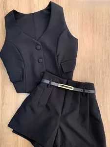 New Spring Summer Fashion Casual Versatile Commuter Womenswear Set, Sleeveless Blazer Vest + Waistband Shorts, Stylish Two-Piece Women's Suits