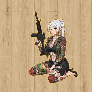 Tattooed Elf Tactical Waifu Sticker - Yakuza Dragon Ink Anime Girl, White Hair Fantasy Mage with Rifle, Gun Otaku Decal, Waterproof Vinyl