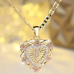 14K Gold Plated Virgin Mary Heart Pendant Necklace with Rose Flower CZ Design Catholic Miraculous Medal Jewelry Perfect Baptism Confirmation Gift for Her