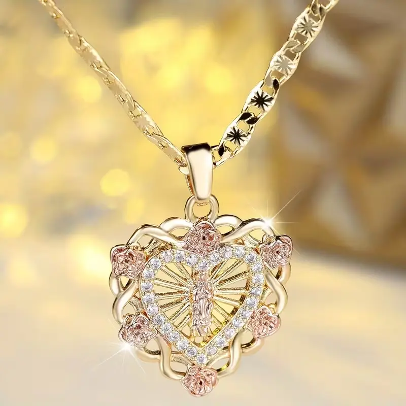 14K Gold Plated Virgin Mary Heart Pendant Necklace with Rose Flower CZ Design Catholic Miraculous Medal Jewelry Perfect Baptism Confirmation Gift for Her