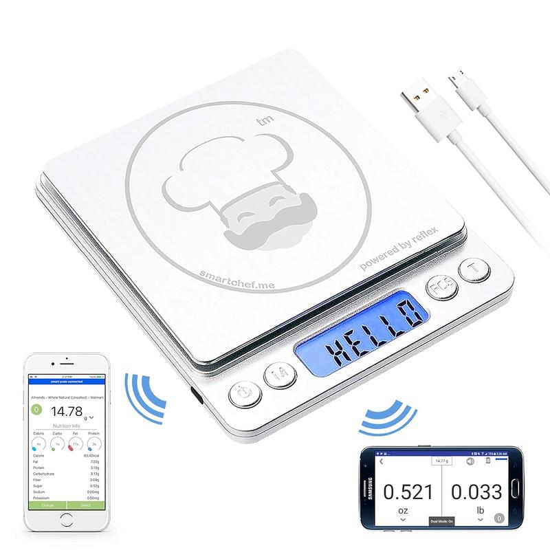 Reflex 500g / 0.01g Digital Pocket Wireless Smart Food Kitchen Scale Grams and Ounces USB Rechargeable, Portable, Accurate, Metal Stainless Steel Surface, Keto Calculator, Baking, Counter, Reloading