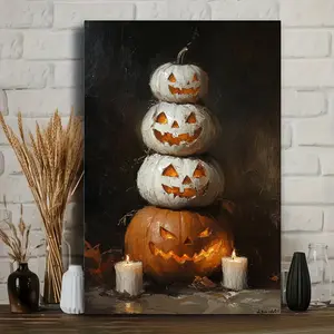 Three pumpkins with carved faces are stacked together, forming a decorative picture, a piece of room decor art, printed on canvas, ready to hang, and suitable as a gift.