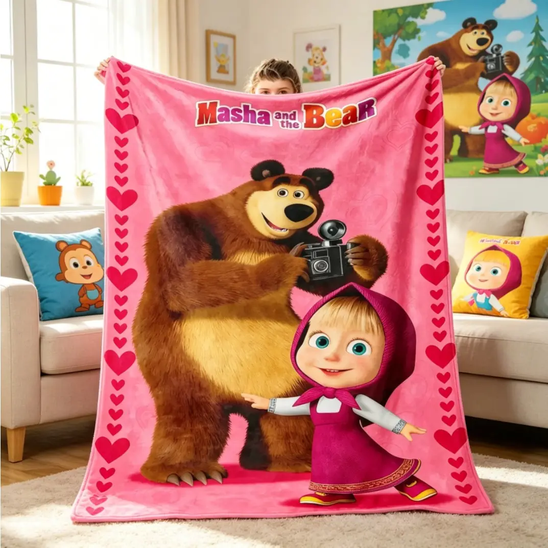 Masha and Bear Cartoon Flannel Throw Blanket, Forest Adventure Character Print for Kids Bedrooms and Family Lounges, Soft Sofa Accent for Storytime Naps & Birthday Christmas Gift for Children and Cartoon Collectors