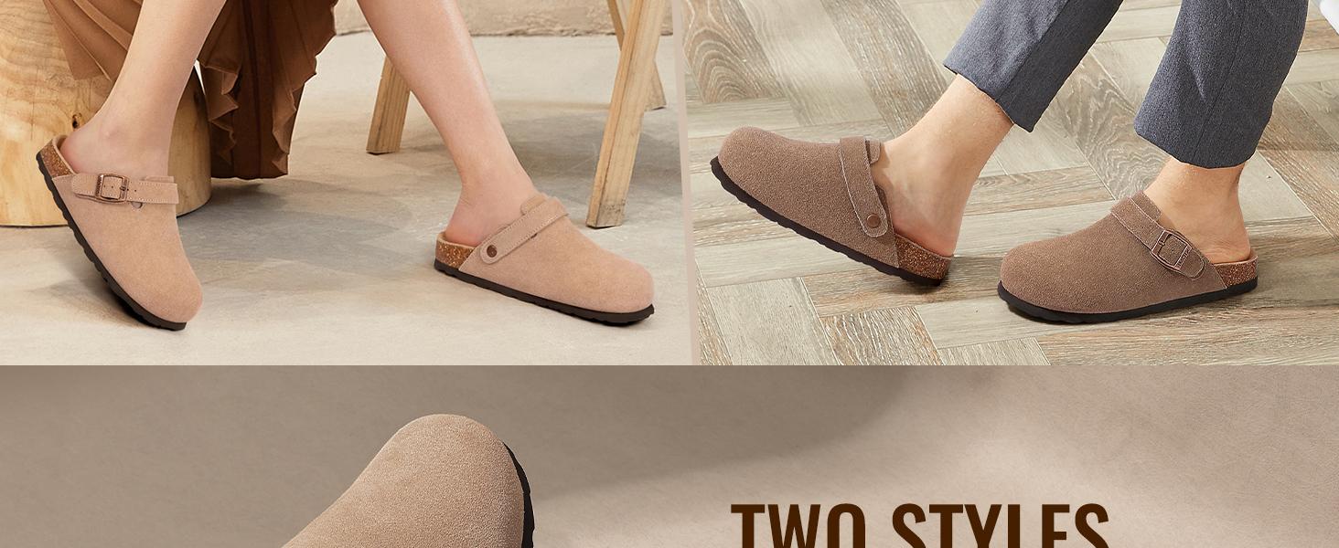 KIDMI Women's Suede Clogs with Back Strap Men's Leather Mules Cork Footbed Slip on Potato Shoes