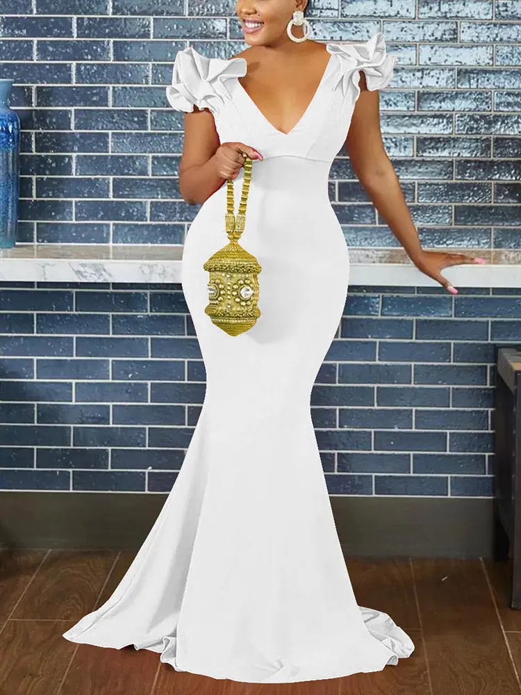 Women's Maxi Dress Elegant V-Neck Ruffle Sleeves Bodycon Mermaid Dresses Evening Gown in White for Special Occasions,Natalie Quinceanera Dresses Fit Formal