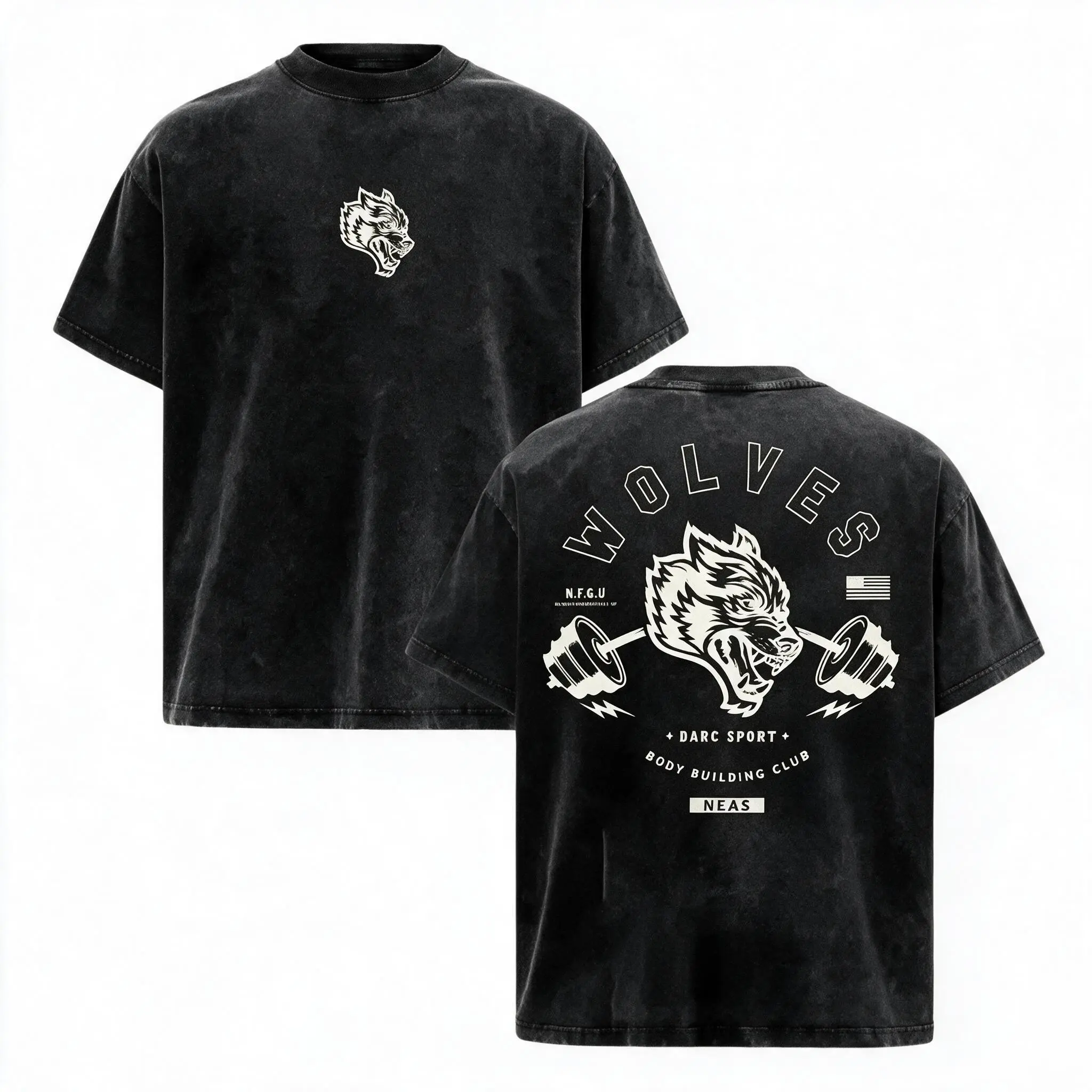 Unisex Darc Sport Wolves Bodybuilding Club Vintage Washed Oversized Graphic Tee Heavyweight Cotton Short‑Sleeve Top California Gym Apparel Great For Weightlifting Training And Street‑Style Casual T‑Shirt For Adult Men And Women