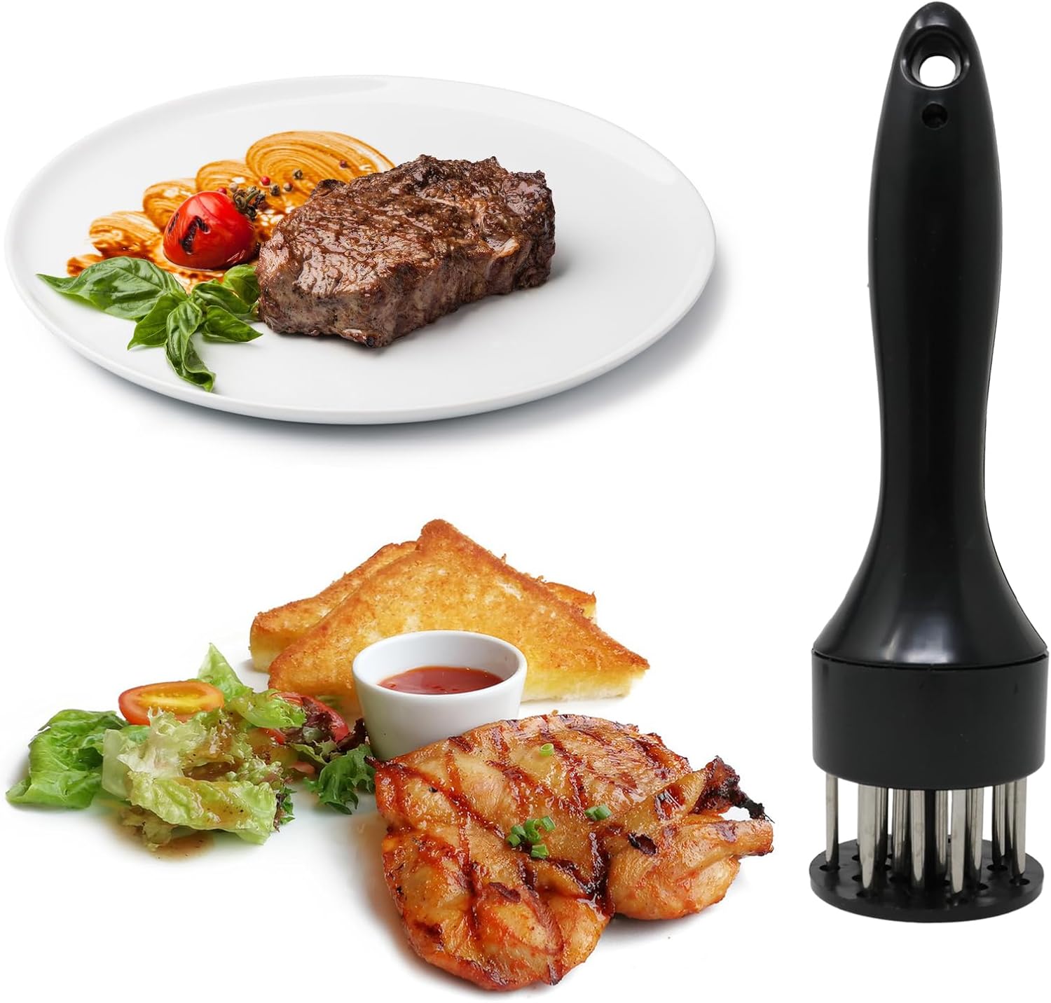 A stainless steel meat tenderizer, a heavy-duty meat needle tool suitable for steak, chicken, and poultry, perfect for grilling, grilling, and quick marinating