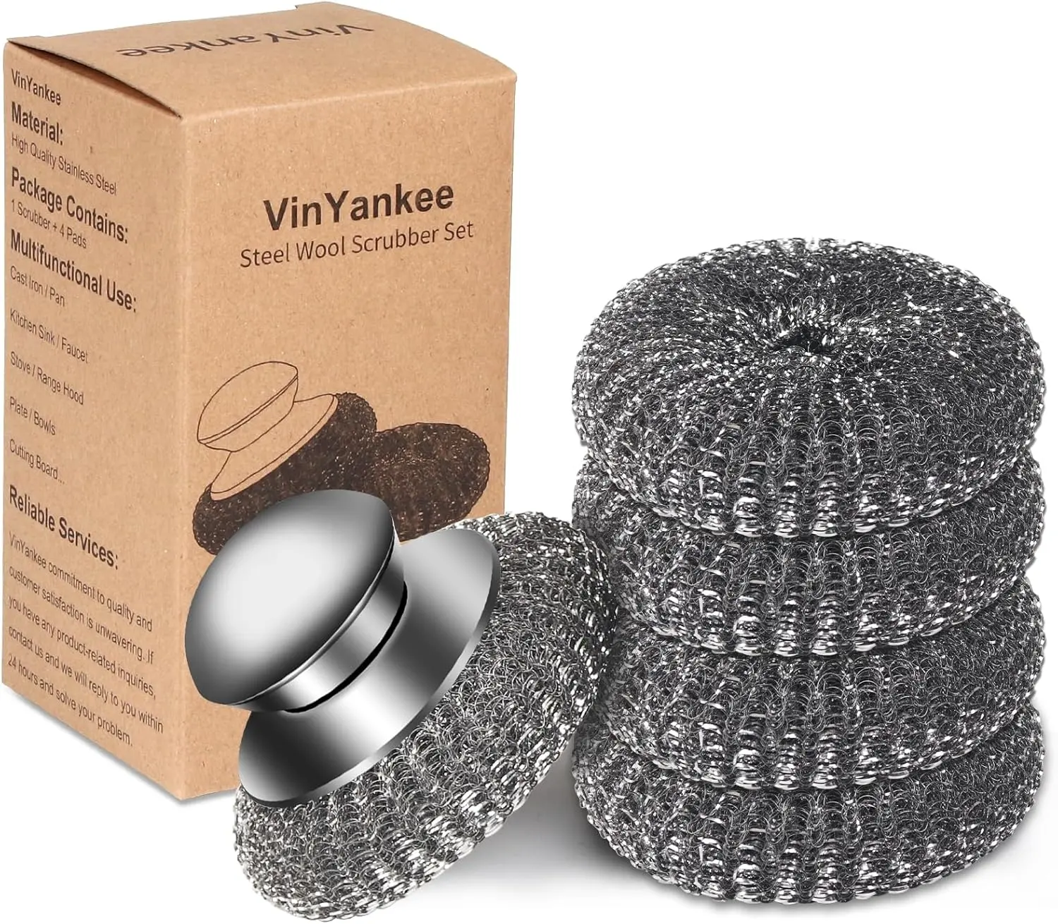 VinYankee Stainless Steel Kitchen Metal Scrubber Tool Set (1 Scrubber + 4 Replacement Wire Sponge Pads with Handle) for Stubborn Messes on Cast Iron, Pots, Pans