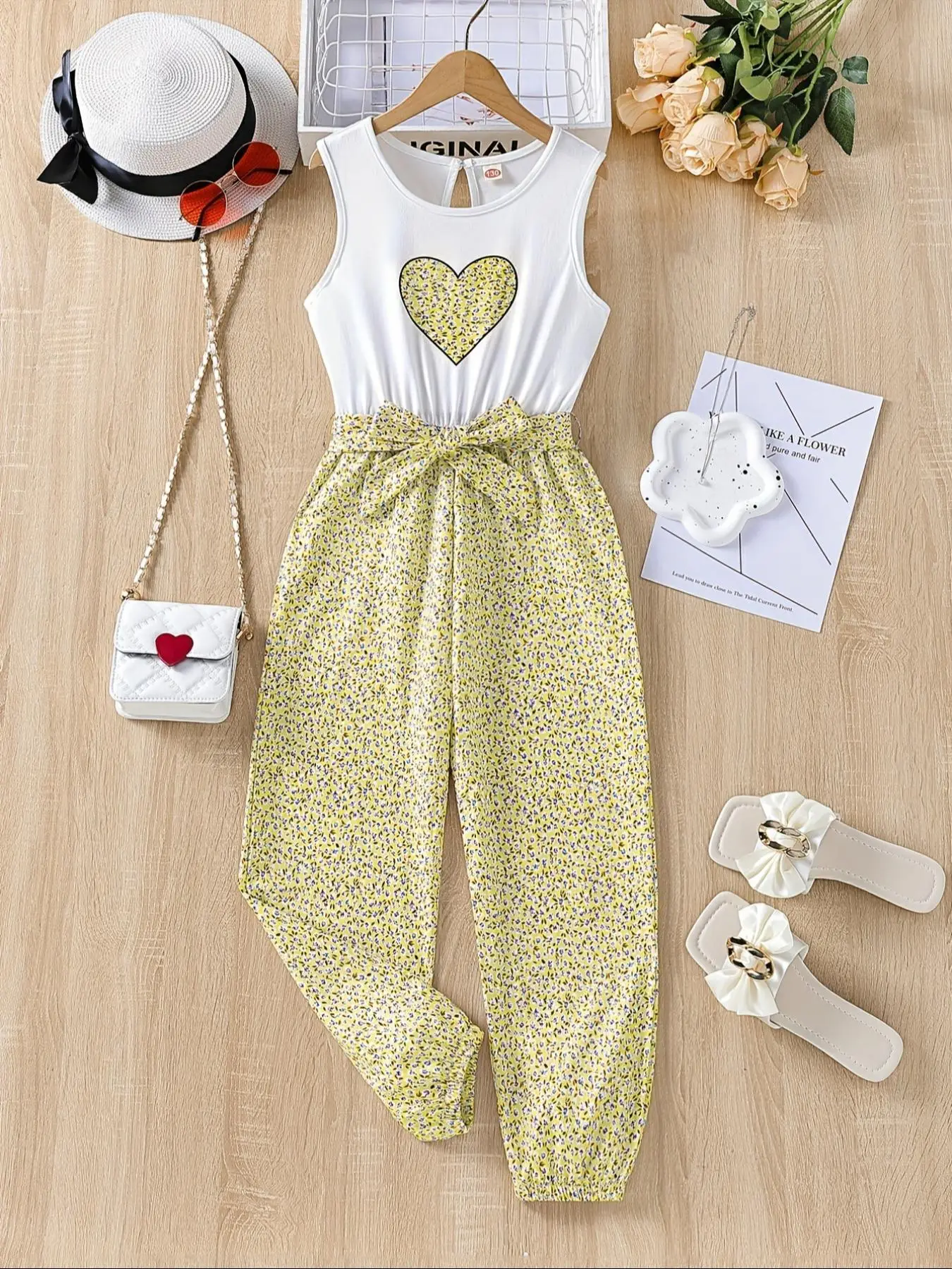 Girl's Ditsy Floral Print Belted Jumpsuit, Elegant Casual Sleeveless Jumpsuit for Summer, Kids Clothes for Daily Wear