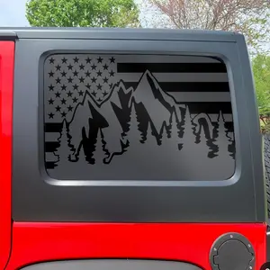 for Jeep Wrangler JLU 4-Door 2018-2025 Rear Side Window Mountain Christian Cross Flag Decals, 2PCS Matte Black Faith USA Flag Vinyl Stickers, Patriotic SUV Truck Window Graphics Exterior Accessories