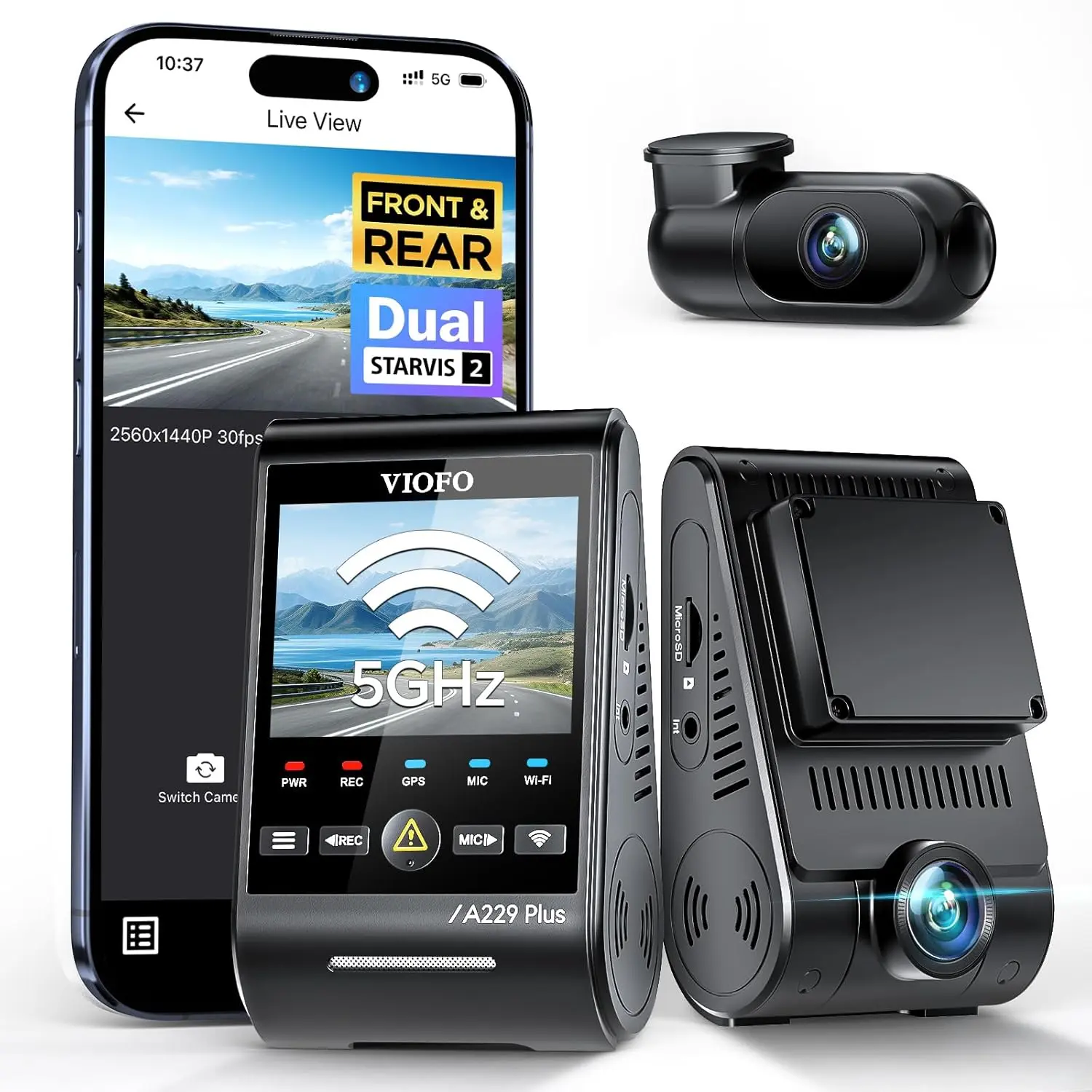 VIOPO Dash Cam A229 Plus Front & Rear Dual STARVIS 2 Sensors 2 Channel HDR 1440P+1440P Voice Control Car Camera 5GHz Wi-Fi 512GB Max GPS car  phone  mount