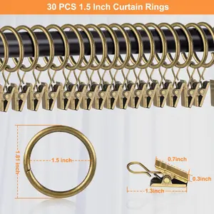 30 PCS Antique Brass Clips Curtain Hooks for Curtain Rod, This Drapery Curtain Ring with Clips Hook Fit Up to 1.0~1.25 -inch Drapery Panel (1 1/2-Inch Inner Diameter)
