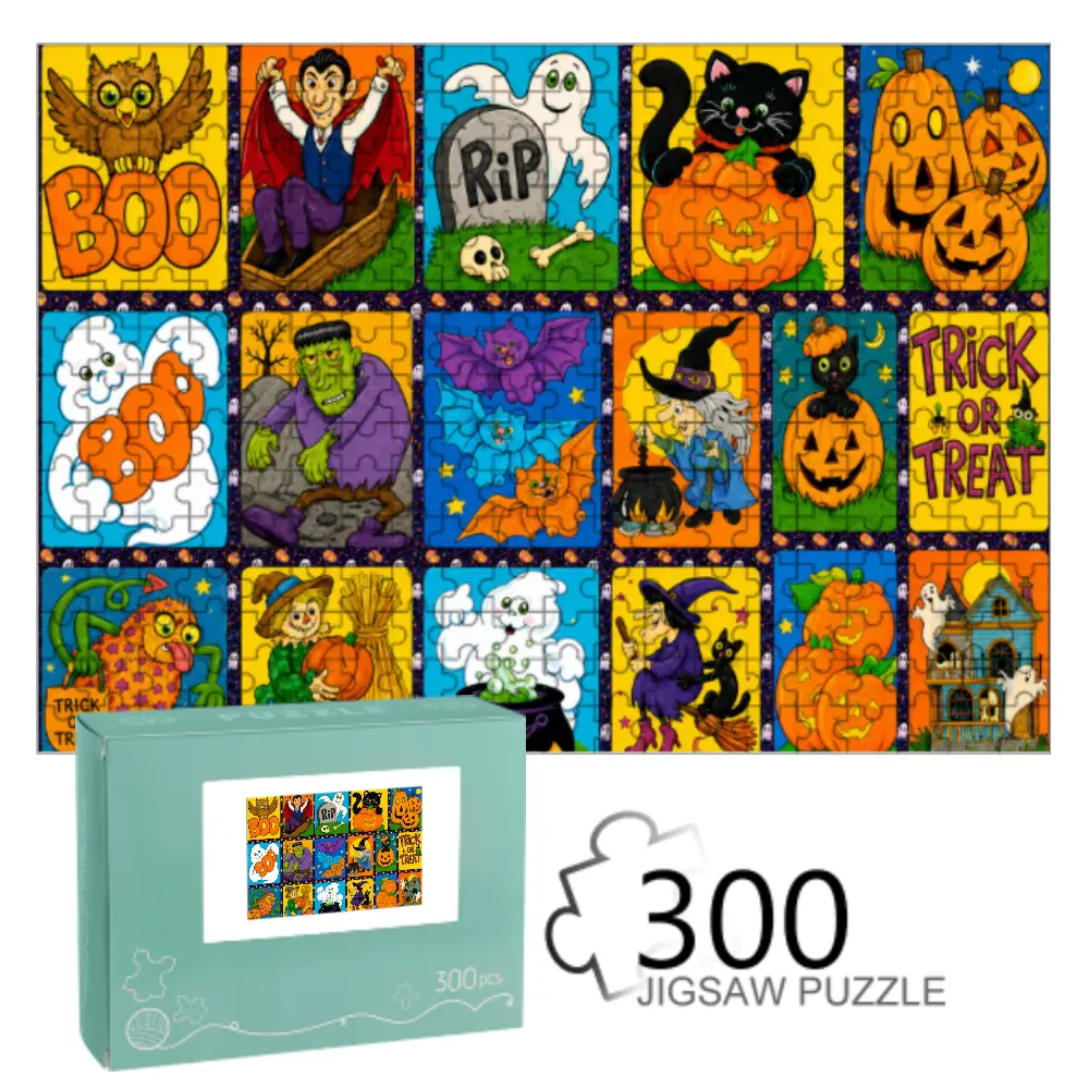 Colorful Vintage Halloween Jigsaw Puzzle & Wall Art Decor, Multiple Sizes 300 / 500 / 1000 Pieces, Spooky Pumpkin Skeleton Ghost Holiday Puzzle Game, Fun Fall Family Activity, Halloween Decor Art Print, Perfect Halloween Gift For Puzzle Lovers