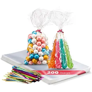 200 Pack Clear Plastic Cellophane Bags Goodie Bags [4x9] with 4" Twist Ties, Candy Bags, Cookie Bags, Treat Bags with Ties, Clear Gift Bags, Cellophane Treat Bags (Pack of 200)