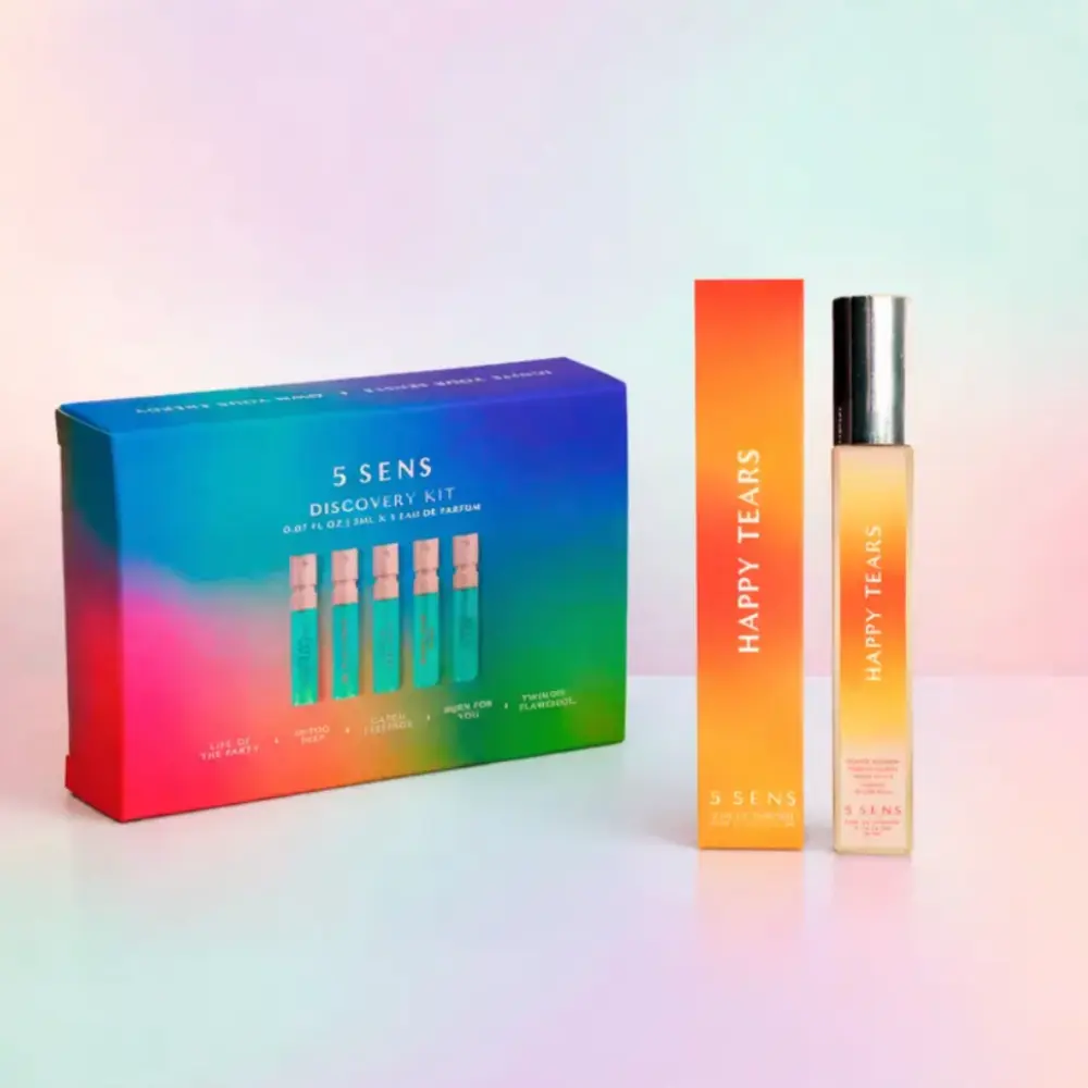 5 SENS Happy Tears Orange Blossom Perfume + Discovery Kit | Cry Happy Tears, Then Find Your Next Mood | 10mL Eau de Parfum Travel Spray + 5 x 2mL Minis | Orange Blossom, White Petals, Vanilla, Creamy Musk | Long-Lasting Clean Vegan Fragrance