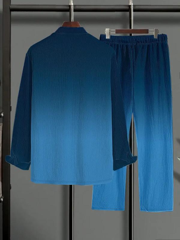 Men's Plus Size Casual Sport Suit: Gradient Long Sleeve T-Shirt + Pocket Drawstring Pants - Polyester Blend, Machine Washable, PLUS SIZE