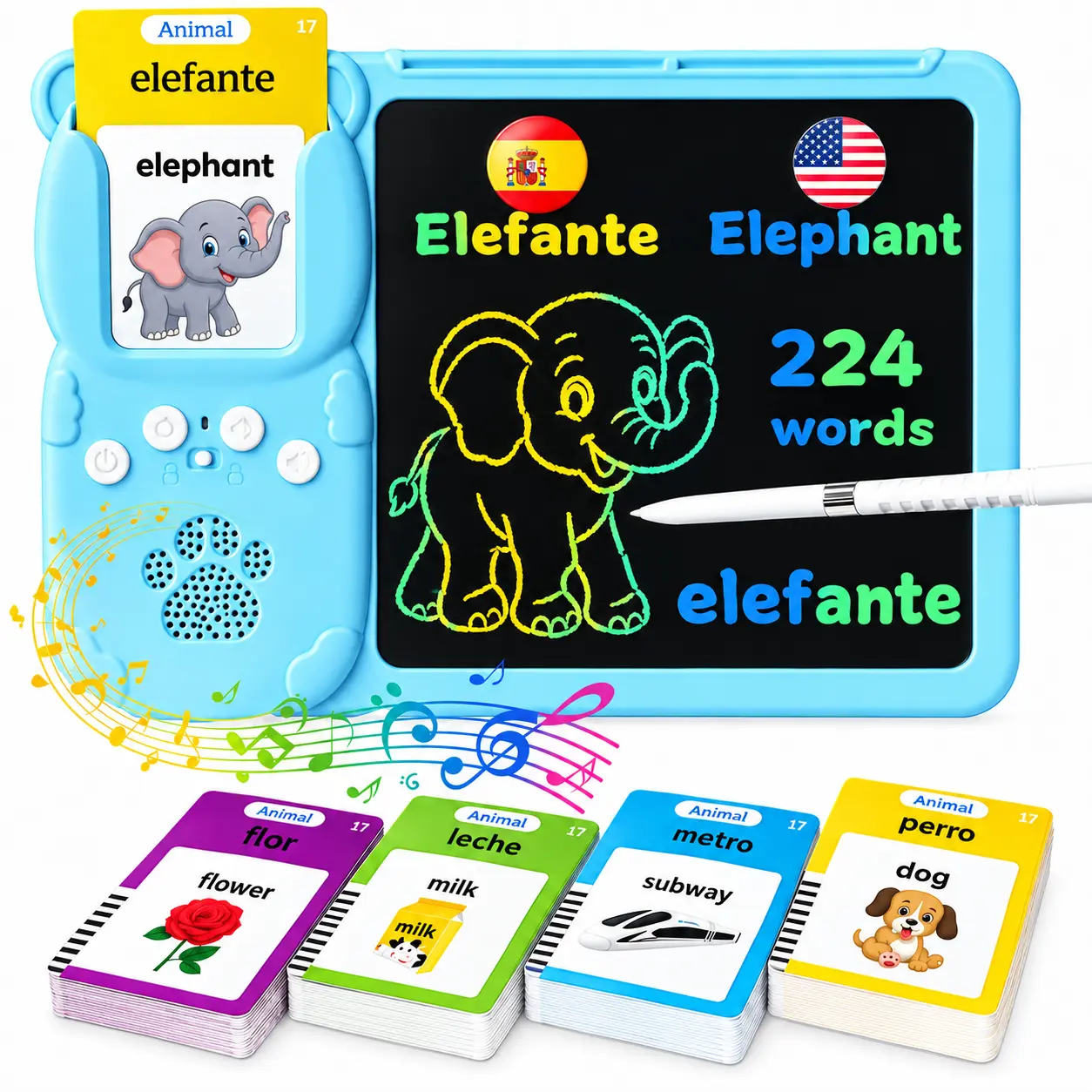 Bilingual Talking Flash Cards with 9in LCD Writing Tablet - 224 Sight Words, Toddler Speech Tool, Drawing Sketch Pad, Autism Educational Toy for Kids 3-12 (Spanish, Blue)