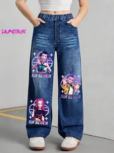 “KPOP-Huntress Girl Group” – One-piece set of cartoon-patterned printed jeans with six-seven digit prints for girls, trendy brand for girls, children’s clothing, girl’s clothes, jeans for girls aged 7 to 12, pop children’s clothing