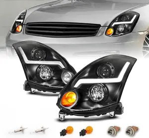 AmeriLite for 2003-2007 Infiniti G35 2 Door HID Models LED Lightning Tube Black Projector Headlight Assembly Set - Passenger and Driver Side
