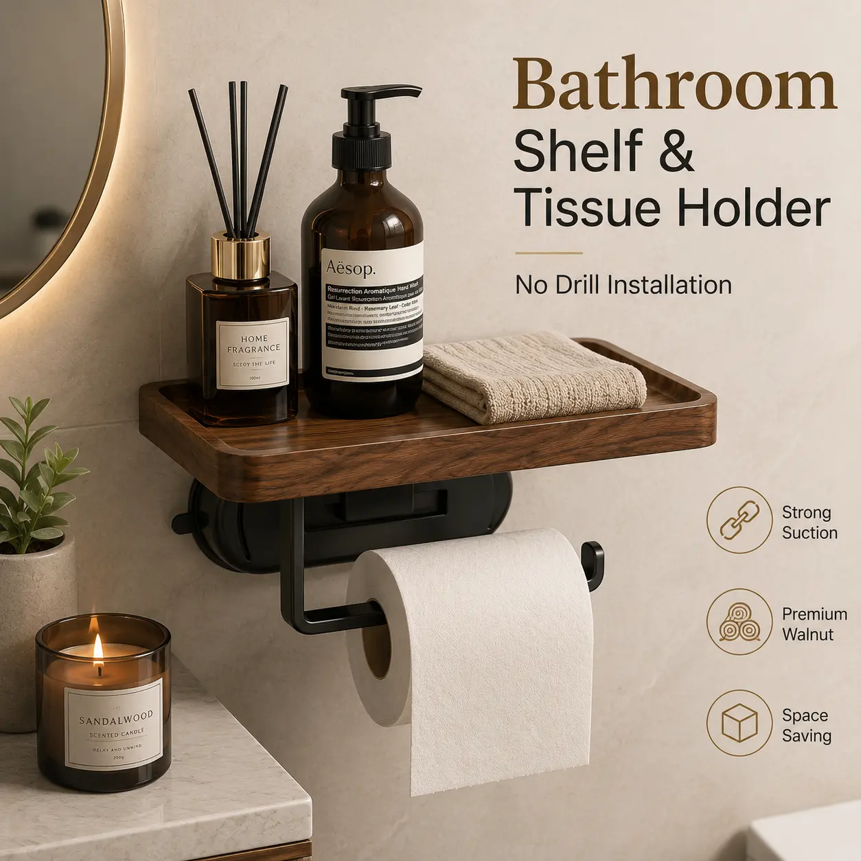 No-Drill Wall-Mounted Tissue Holder with Premium Walnut Shelf, Strong Suction Cups, Modern Waterproof Bathroom Organizer for Extra Storage Space