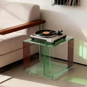 Square Cube Acrylic End Table with Open Shelf Acrylic Side Record Player Table